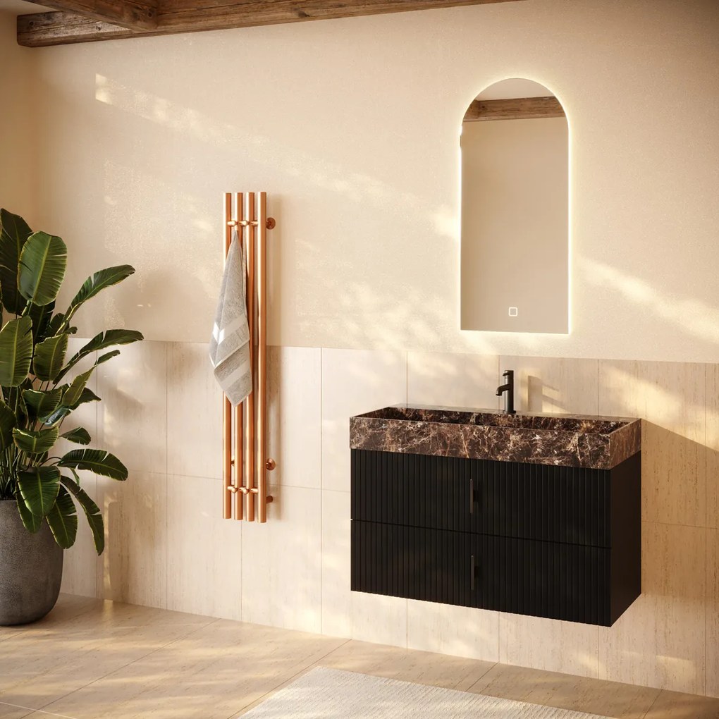 Muebles Murcia badmeubel ribbelfront 100cm zwart mat met Dark Emperador wastafel met kraangat