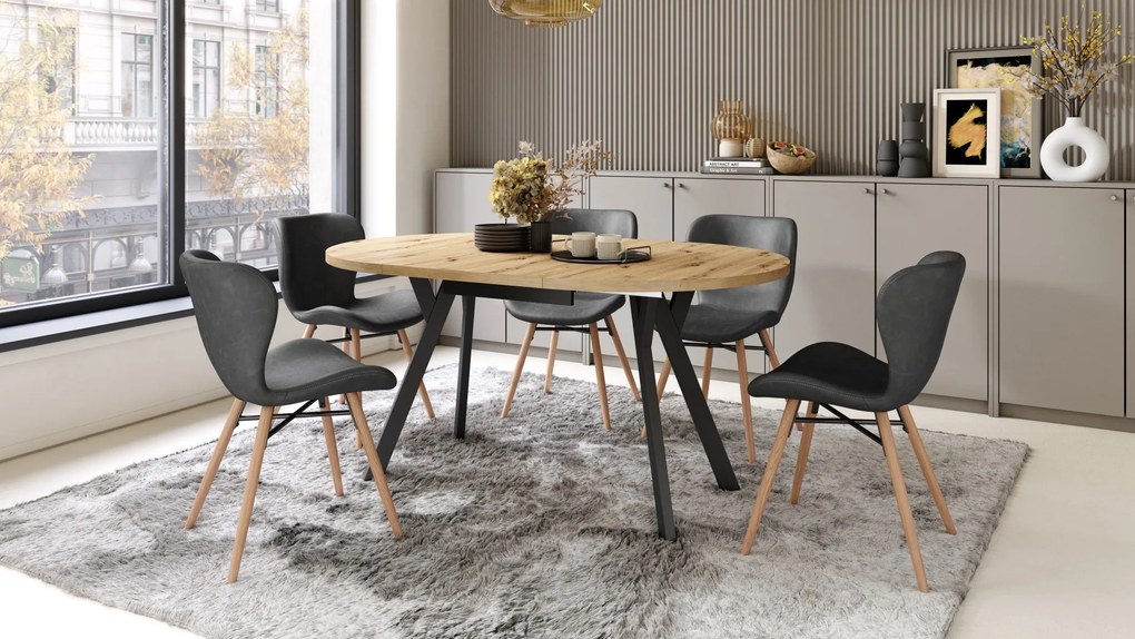 ALMO Eiken Artisan/Zwarte poten - RONDE LOFT/INDUSTRIËLE TAFEL VOOR WOONKAMER/EETKAMER, UITSCHUIFBAAR