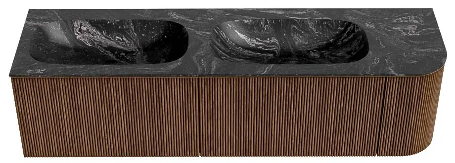 Mondiaz Kurve-dlux 165cm badmeubel ronding rechts walnut met 2 lades en 1 deur en wastafel stor small dubbel/links zonder kraangat lava