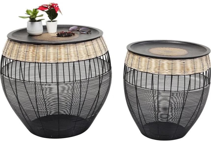 Kare Design African Drums Bijzettafel - Set Van 2 - Zwart Metaal/Rotan