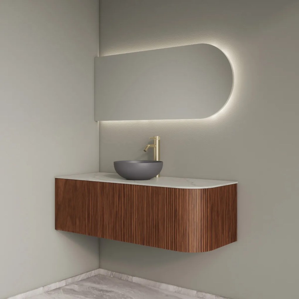 Gliss Design Alluro badmeubel ribbelfront met ronding rechts 120cm walnut en wit marmer toppaneel