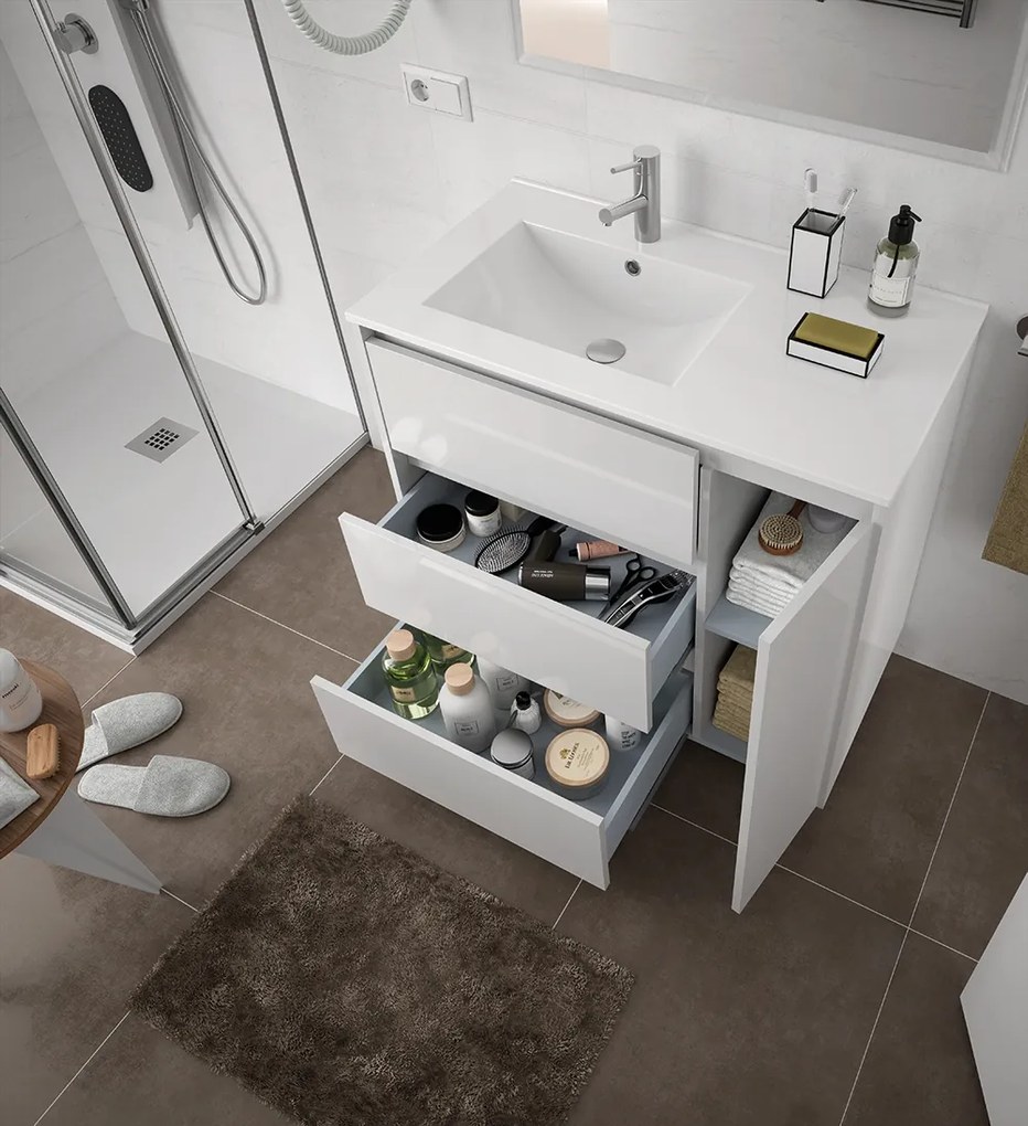 Muebles Rise asymmetrisch staand badmeubel 85cm hoogglans wit links