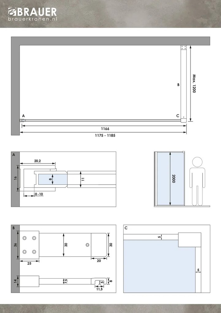 Brauer Black Frame inloopdouche helder glas 120x200 met muurprofiel en lijst rondom mat zwart