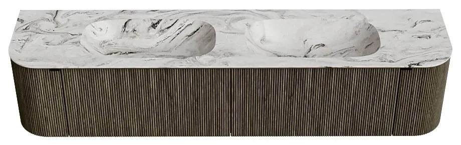 Mondiaz Kurve-dlux 200cm badmeubel ronding links/rechts shadow met 2 lades en deuren en wastafel stor small dubbel zonder kraangat glace