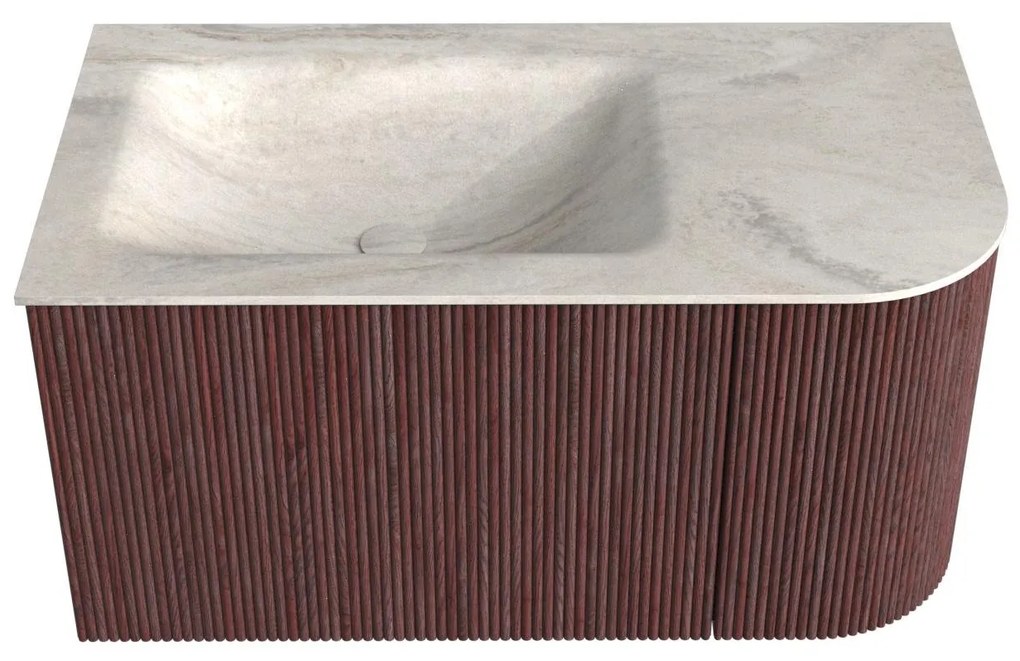 Mondiaz Kurve-dlux 85cm badmeubel ronding rechts ruby met 1 lade en deur en wastafel cloud links zonder kraangat ostra