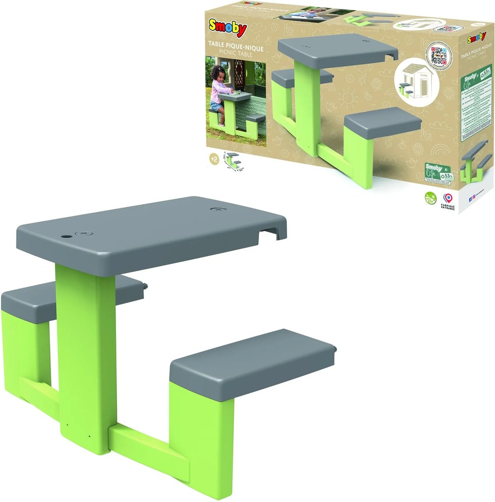 Smoby S.Life Picknicktafel - Grijs Tafelblad - Groene Stoelen en Poten - Weerbestendig Plastic