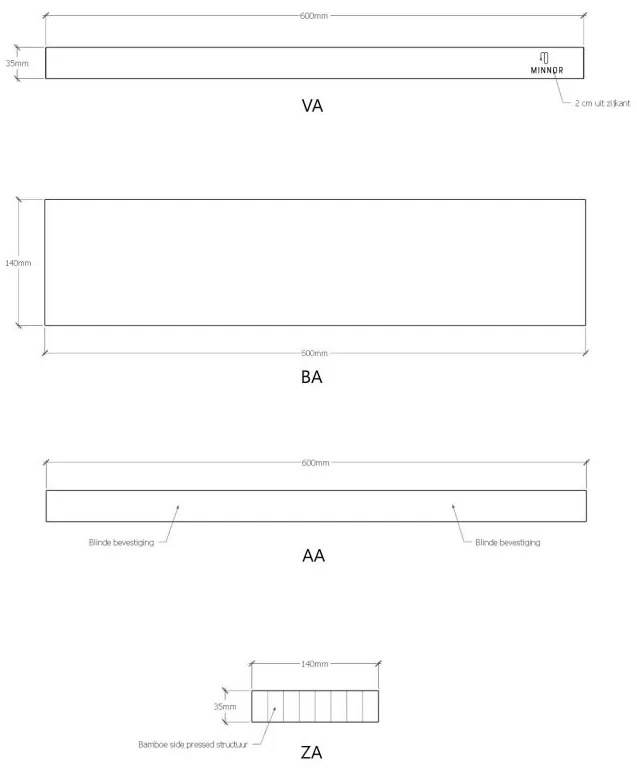 Minnor bamboe wandplank 60cm