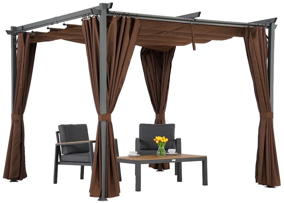 Bruine La Palma terraspergola 3x3m met Garden Point gordijnen