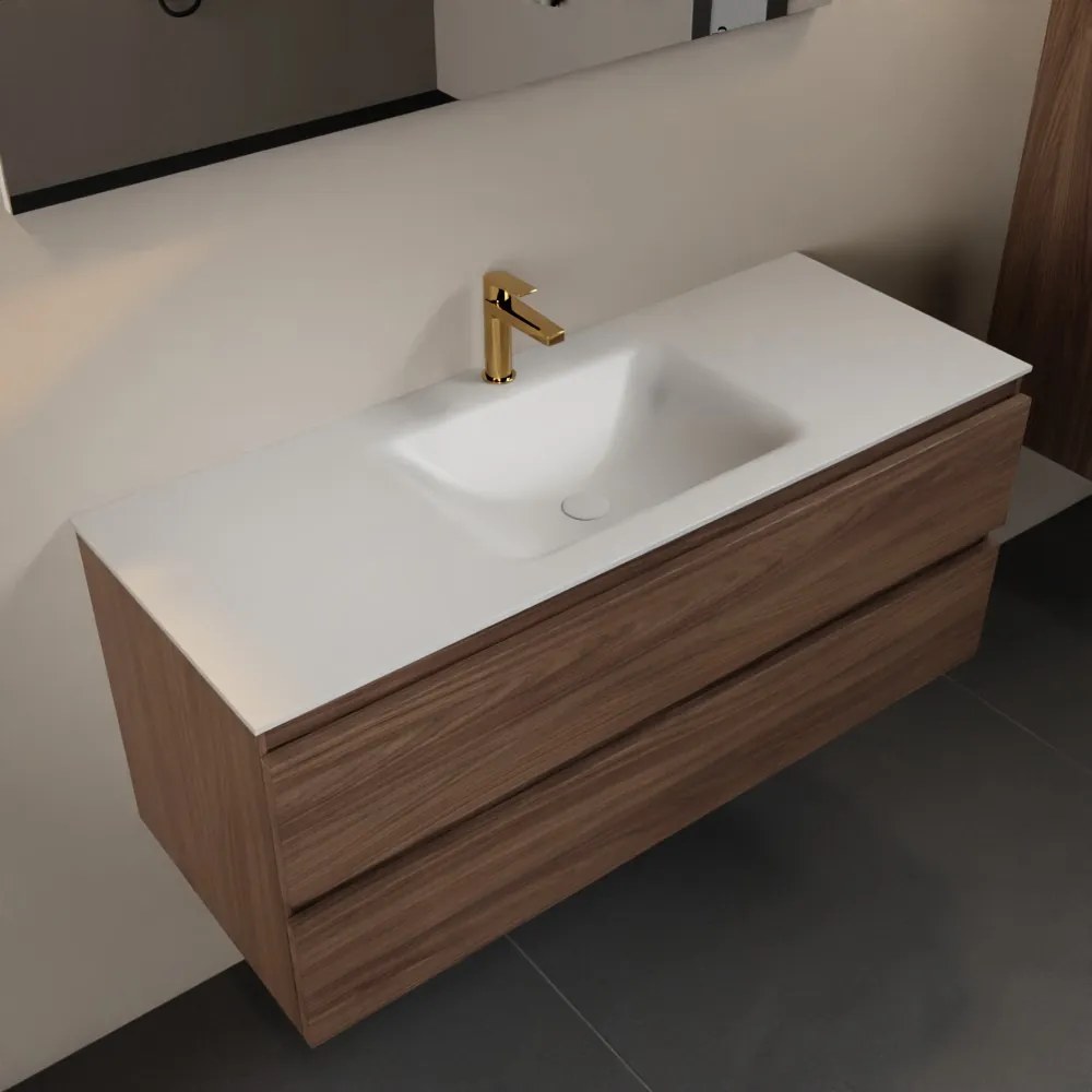 Mondiaz Aivy badmeubel 120cm mocha met wastafel solid surface talc midden 1 kraangat en spiegel