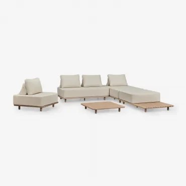 Tuinset Met 3-delige Modulaire Chaise Longue Bank, Bijzettafel, Fauteuil En Salontafel 95x95 Cm In Portet Acacia Gardenia Wit - Sklum