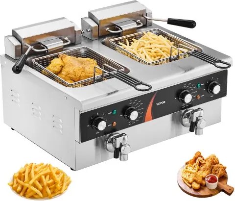 VEVOR Commerciële Frituurpan Elektrische Frituurpan, Dubbele Tank 3000W x 2, 5,9L Dubbele Olie Frituurpan met 2 Manden Verdikt Roestvrij Staal, Tijd- en Temperatuurregeling, voor Keuken Restaurant Café