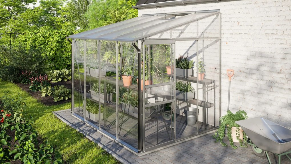 Vitavia Ida muurserre 5,2m² met veiligheidsglas - Aluminium - Met dubbele schuifdeur (B120 cm) en fundering