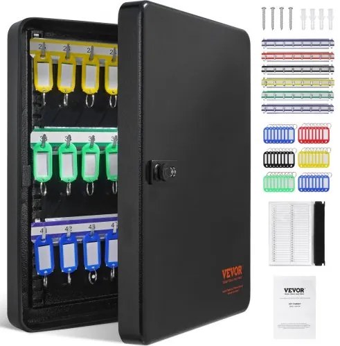 VEVOR Sleutelkast Sleutelkast 48 Sleutels, Zwarte Sleutelkast Sleutelkluis Verstelbare, Afsluitbare Sleutelkast met 6 x Sleutelhouders, 2 x Sleutels en 1 x Indexkaart