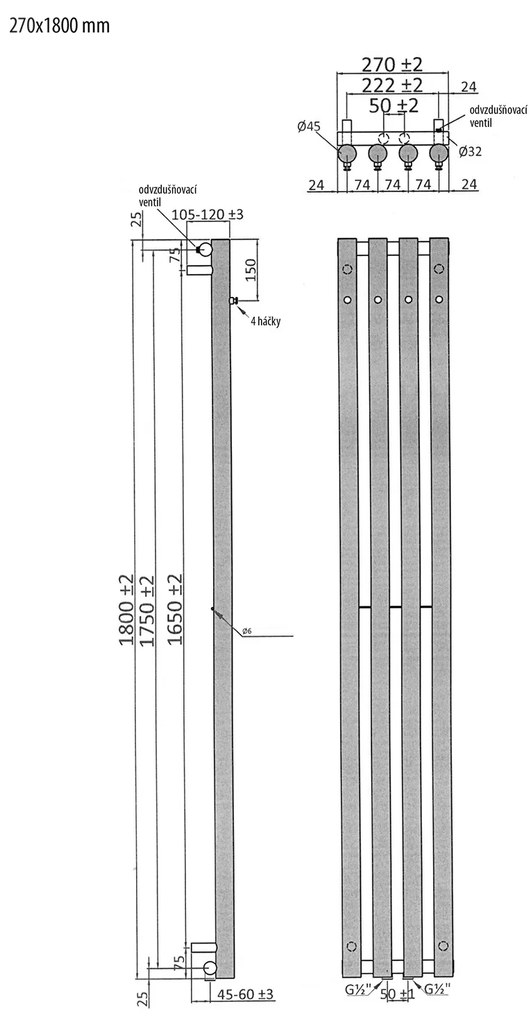 Sapho Pilon radiator 27x180cm mat zwart