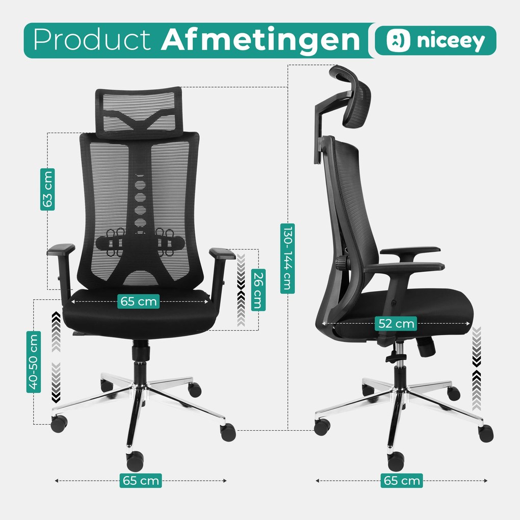 Niceey Ergonomische Bureaustoel - Met Hoofdsteun - Verstelbaar - Zwart