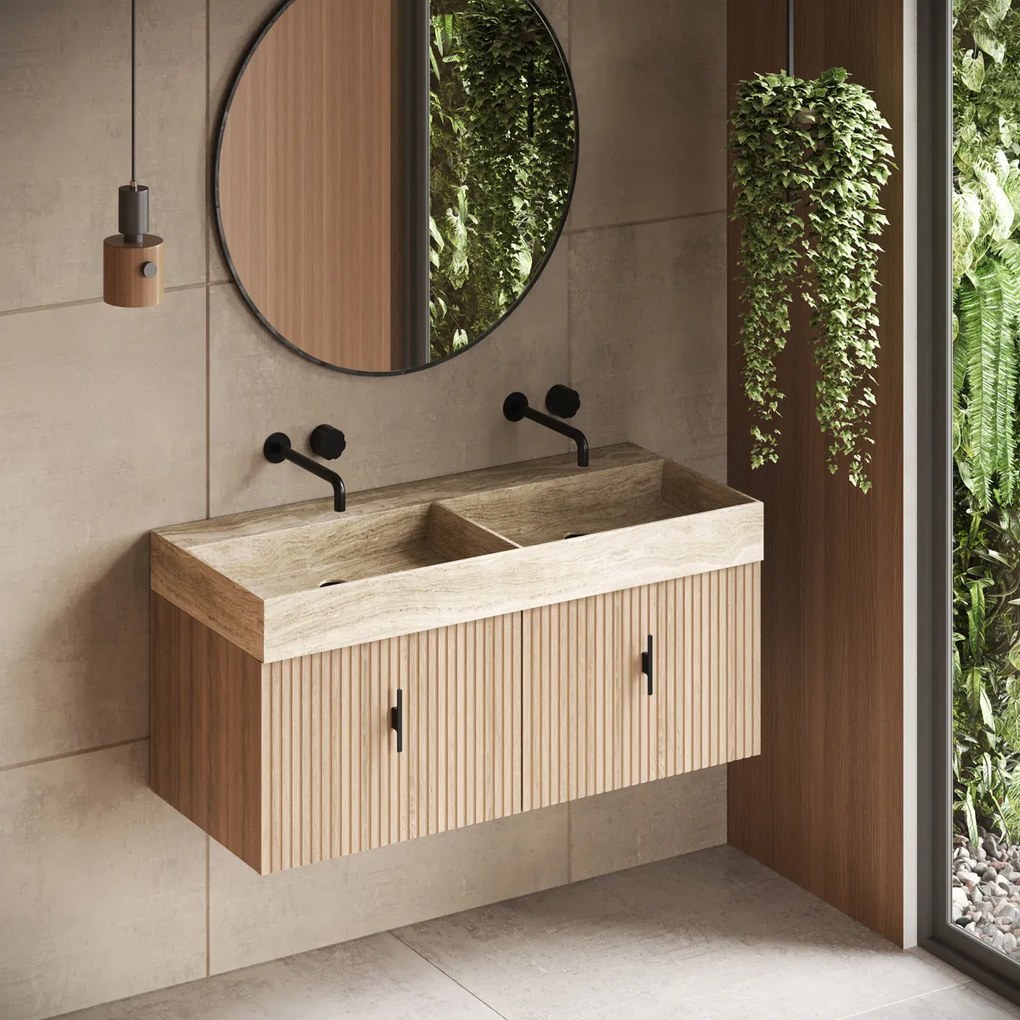 Muebles Zahora badmeubel ribbelfront 120cm naturel eiken met White Travertin wastafel zonder kraangaten