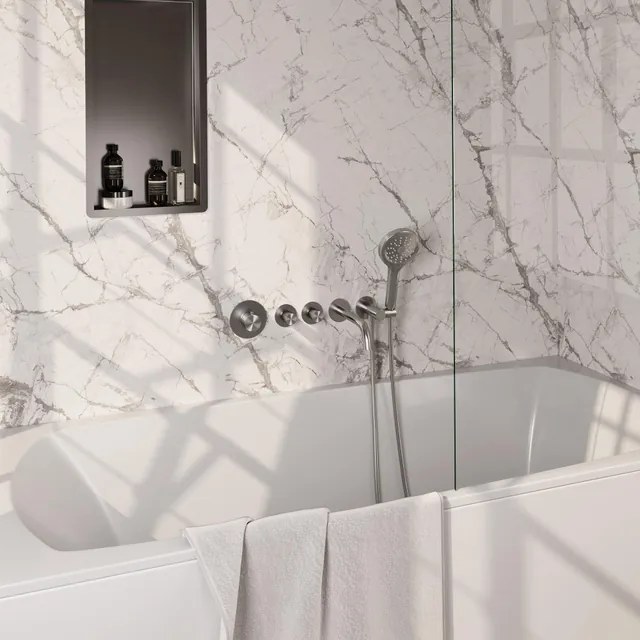 BRAUER Stripe Thermostatische Badkraan - SET 02 - inbouw - uitloop - 3-standen handdouche - doucheslang - wandaansluitbocht - RVS-kleurig geborsteld PVD 5-NG-358