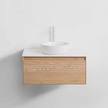 Tedrik Badkamermeubelset In Essenhout Ash Brown & Rond Keramiek Wit Ø40 Cm Lenka & Spiegelloze & Wit ↑30 Cm Met Aftapkraan Zonder Overloop Orveta -
