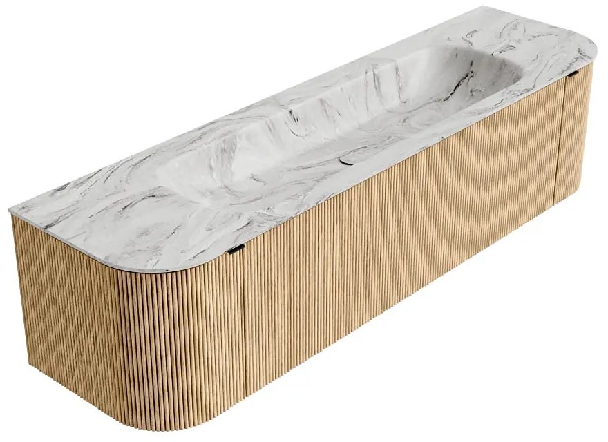 Mondiaz Kurve-dlux 170cm badmeubel ronding links/rechts oak met 1 lade en 2 deuren en wastafel big large midden 2 kraangaten glace