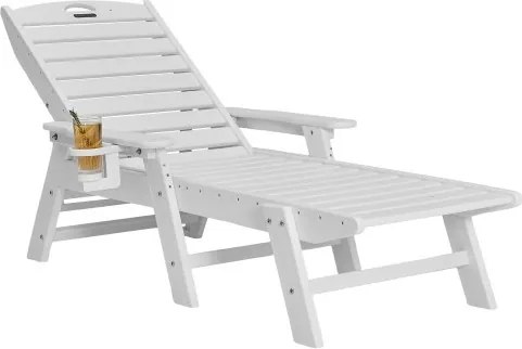 VEVOR ligstoel, draagvermogen 181 kg, HDPE tuinligstoel, strandligstoel met 6-voudig verstelbare rugleuning, armleuning, bekerhouder, balkonligstoel, terrasligstoel voor zwembad, terras, patio, gazon, wit