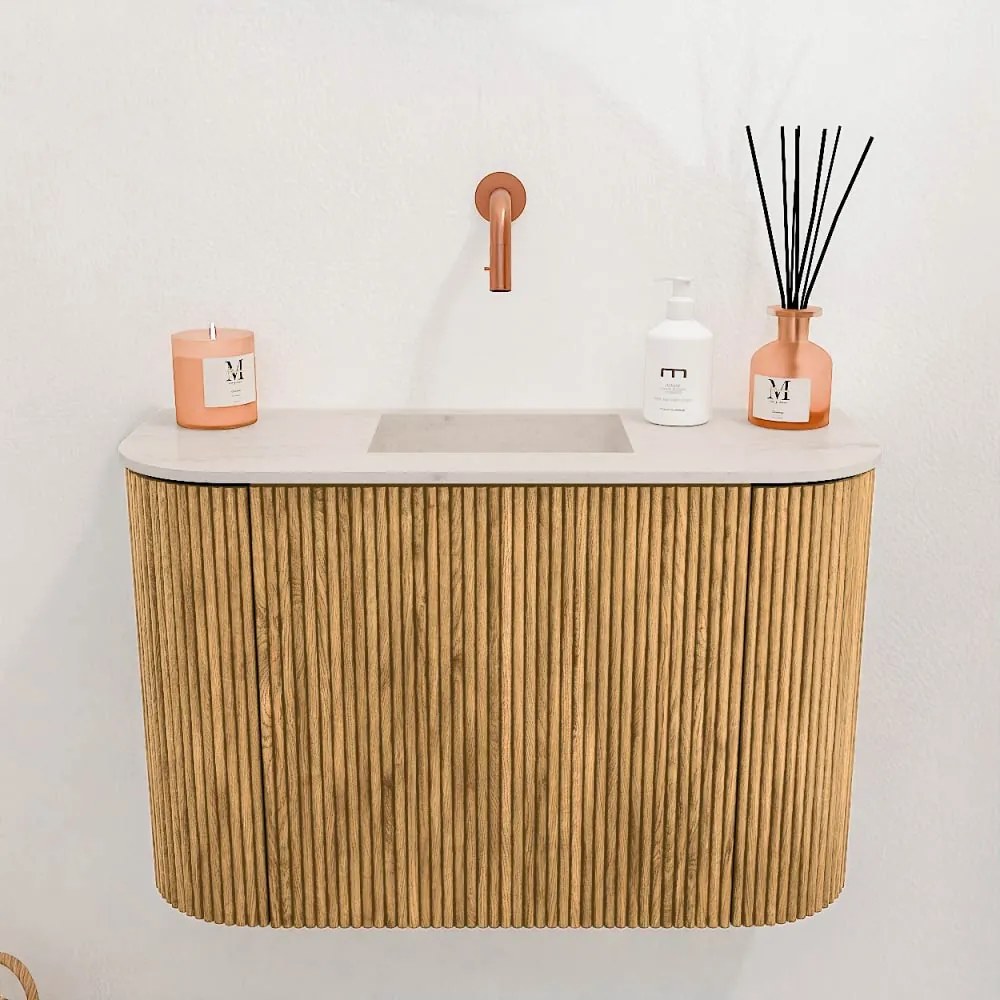 Mondiaz Joya DLux 65cm toiletmeubel ronding links/rechts oak met wastafel faye midden zonder kraangat meli