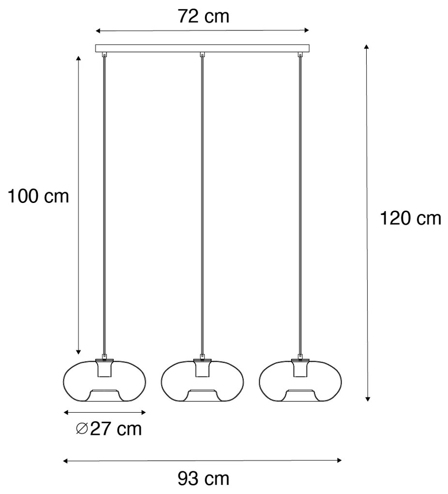 Hanglamp zwart met smoke glas langwerpig 3-lichts - Ayesha