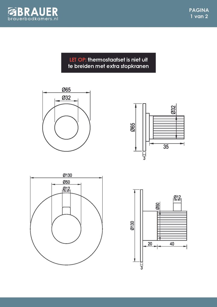 Brauer Stripe inbouwthermostaat met 2 stopkranen gunmetal geborsteld PVD