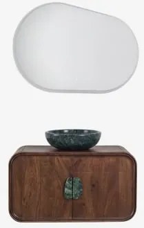 Hangend Badkamermeubelset 95x45 Cm Van Mangohout En Natuurlijke Kivalina-steen Ovaal Led En Anticondens 100x80 Cm Riben & Zonder Kraan & Groen Marmer