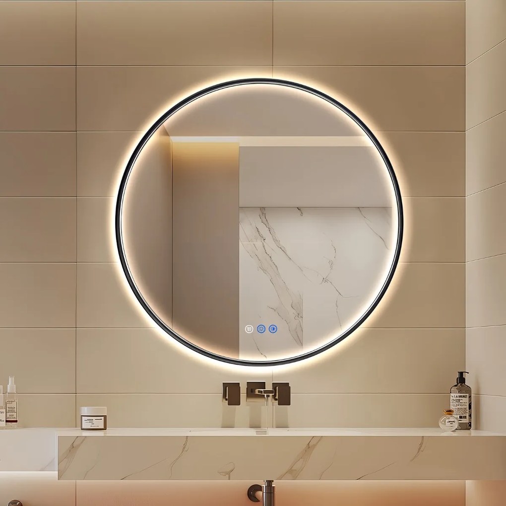 Saniclear Circle Black ronde spiegel met verwarming, direct en indirect licht mat zwart 80cm