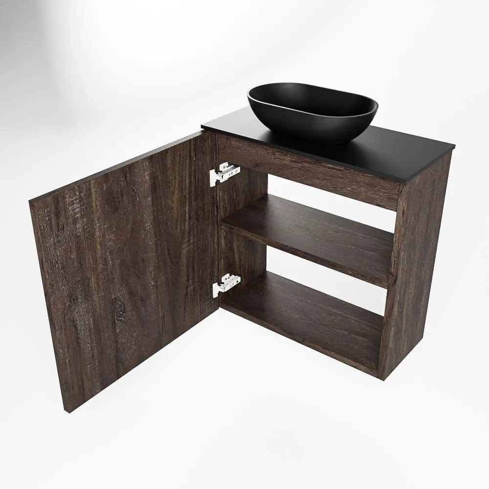 Mondiaz Fowy toiletmeubel 50cm dark brown met zwarte waskom links en kraangat