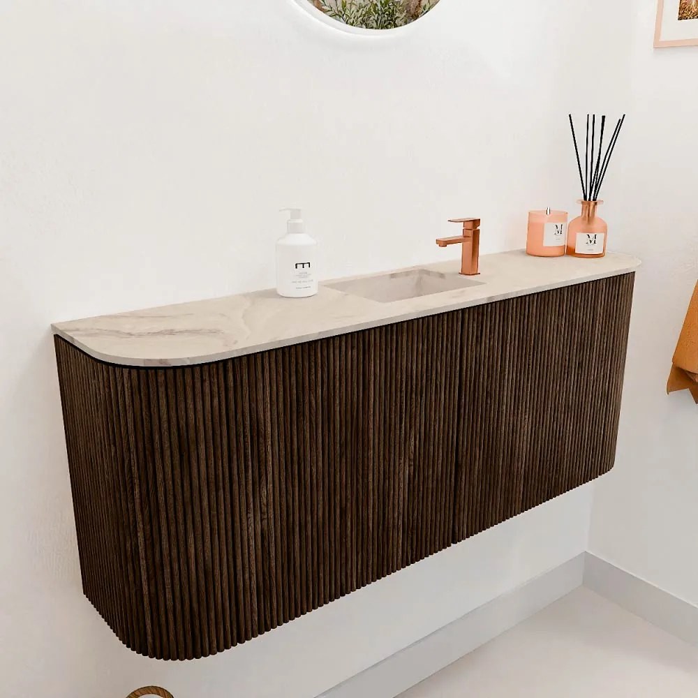 Mondiaz Joya DLux 105cm toiletmeubel ronding links/rechts walnut met wastafel faye midden 1 kraangat frappe