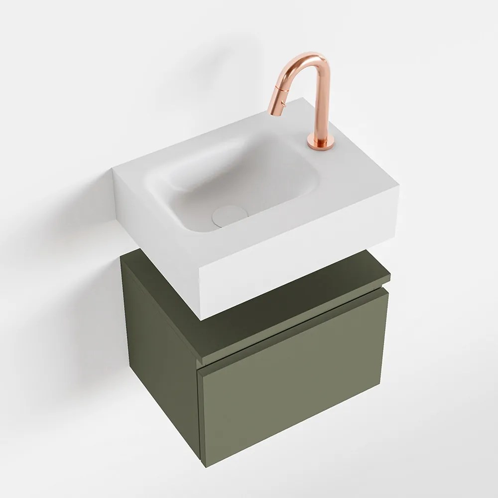 Mondiaz Andor toiletmeubel 40cm army met witte wastafel links met kraangat