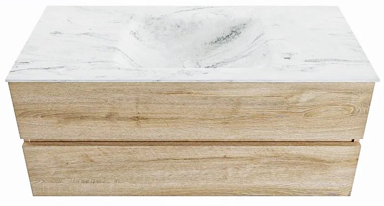 Mondiaz Vica DLux badmeubel 110cm washed oak 2 lades met wastafel opalo midden zonder kraangat