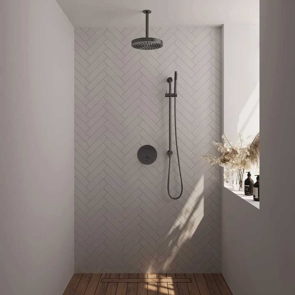 Brauer Stripe inbouw regendouche rond met 25cm hoofddouche, rond met plafondarm, glijstang en staafhanddouche set 45 gunmetal geborsteld PVD
