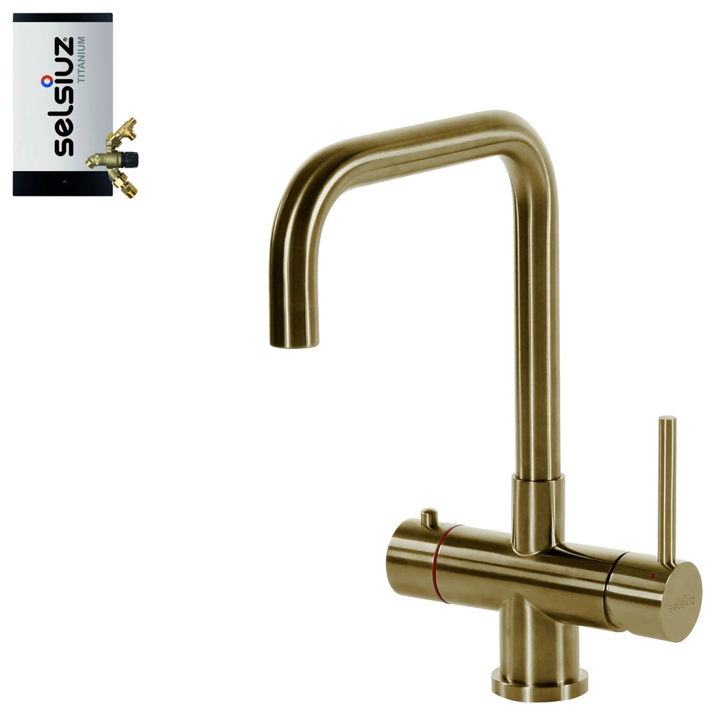 Selsiuz Inox kokend water kraan met titanium combi extra boiler en U-uitloopkraan gold