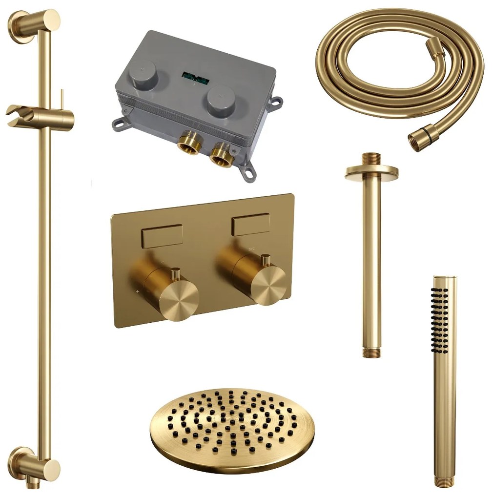 Brauer Gold Edition thermostatische inbouw regendouche met staafhanddouche, plafondarm, glijstang en hoofddouche 20cm set 65 messing geborsteld PVD