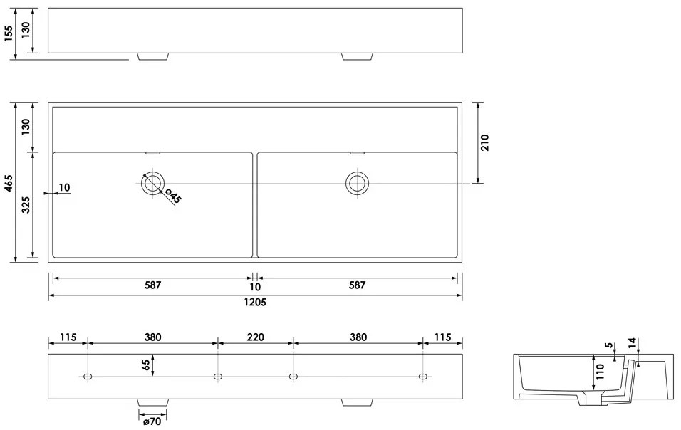 Brauer Lunar dubbele wastafel keramiek 120cm zonder kraangaten wit glans