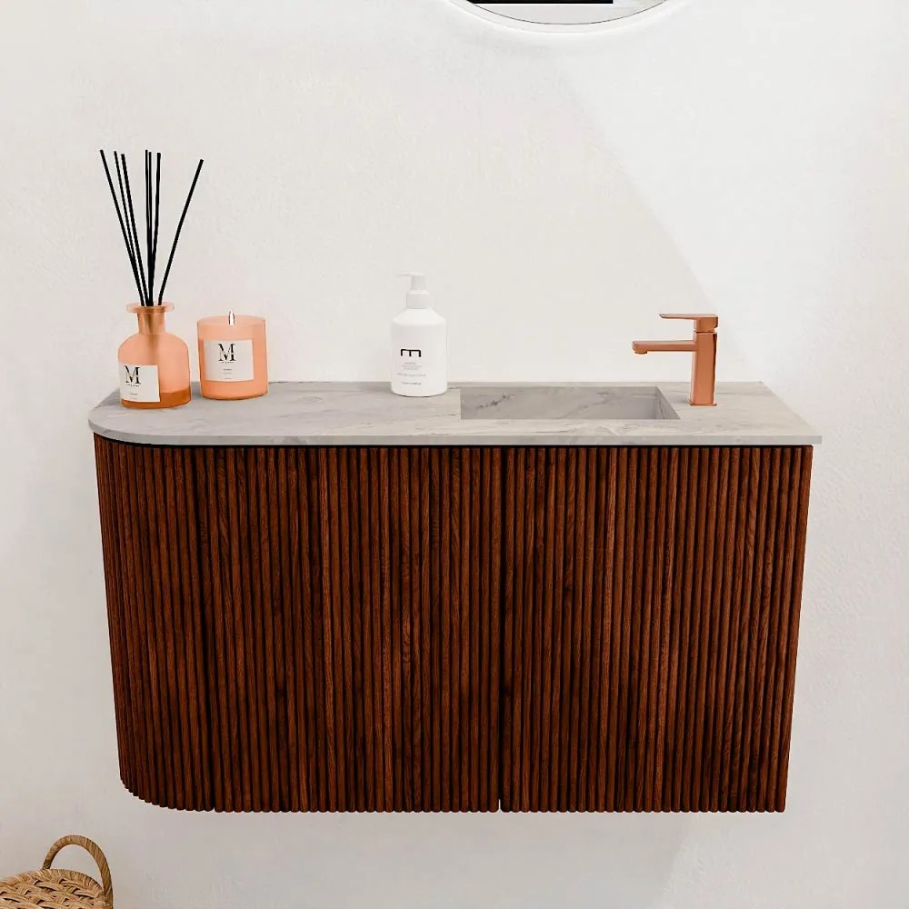 Mondiaz Joya DLux 70cm toiletmeubel ronding links ruby met wastafel faye rechts 1 kraangat glace