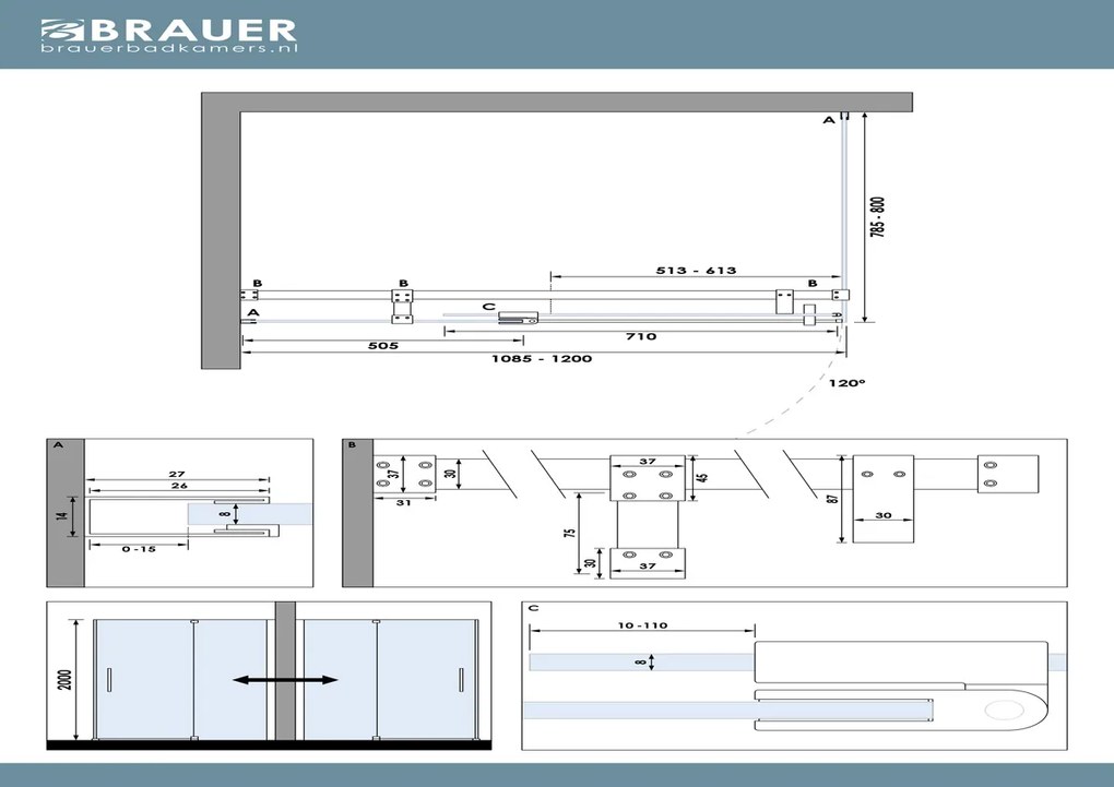 Brauer Stellar douchecabine met draaideur 120x80cm koper geborsteld PVD