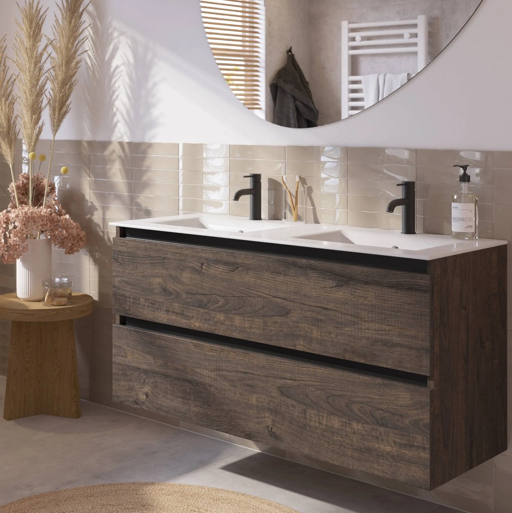 Saqu Gaia badmeubel incl. dubbele keramische wastafel 120x51x61cm kasteel bruin – zwarte greeplijst