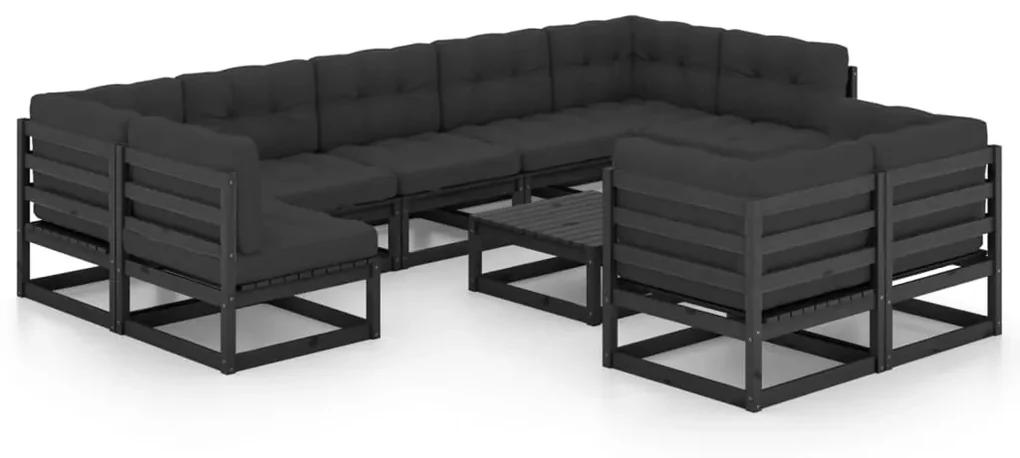 vidaXL 10-delige Loungeset met kussens massief grenenhout zwart