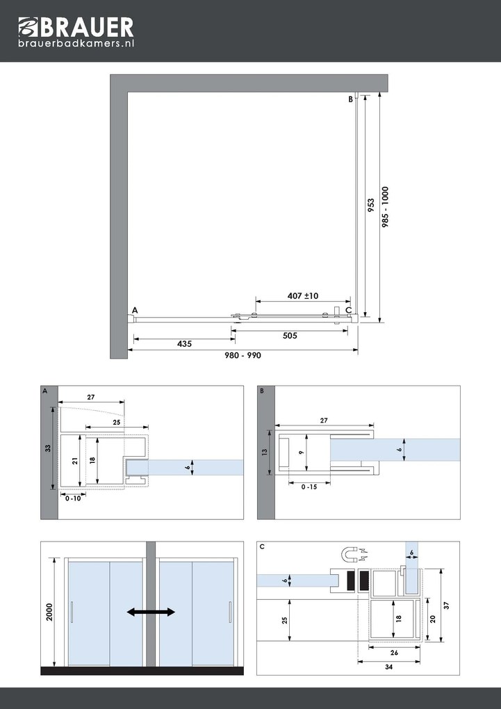 Brauer Season douchecabine met schuifdeur 100x100cm zwart mat