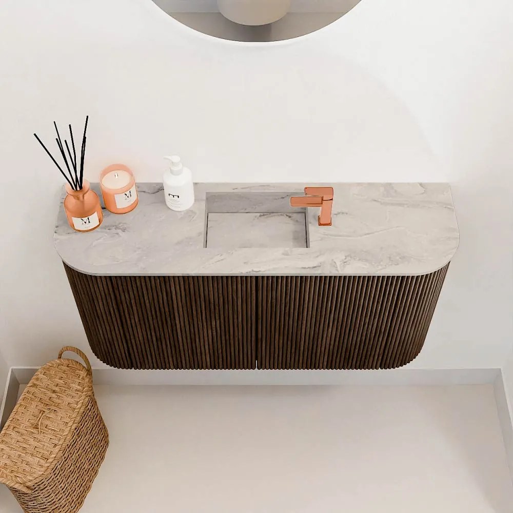 Mondiaz Joya DLux 85cm toiletmeubel ronding links/rechts walnut met wastafel faye midden 1 kraangat glace
