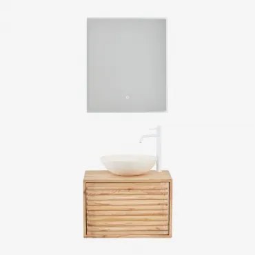 Deleyna Wandgemonteerde Houten Badkamermeubelset Natuurlijk Hout & Rond Cement Wit Ø40 Cm Zavion & Rechthoekige Led En Anticondens 60x70 Cm Tamsin -