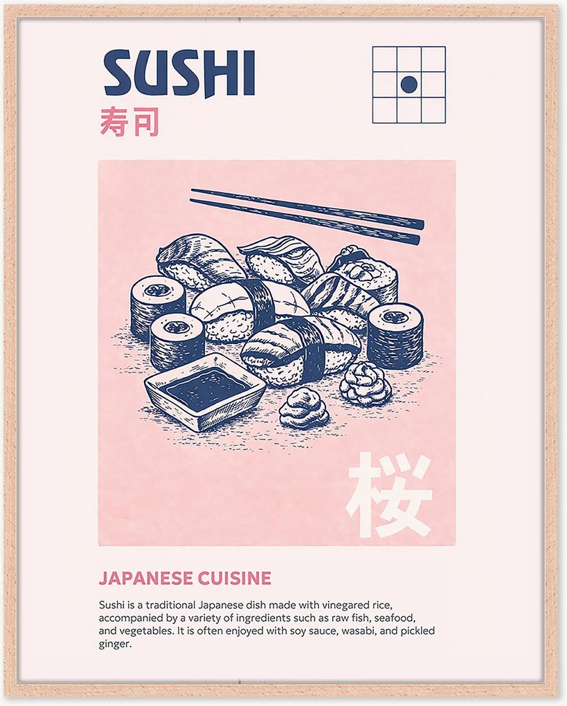 Ingelijste digitale print Sushi, handgemaakt