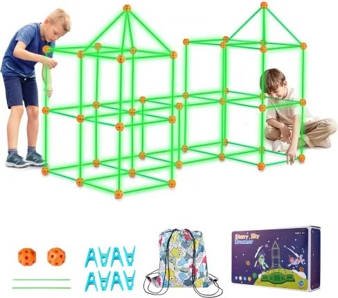 VEVOR Fortress-bouwpakket voor kinderen, 140-delige STEM-bouwset die in het donker oplicht, educatief cadeau voor jongens en meisjes van 4, 5, 6, 7 en 8 jaar oud, speeltent voor binnen en buiten, bouwspeelgoed met 96 stokjes en 44 ballen
