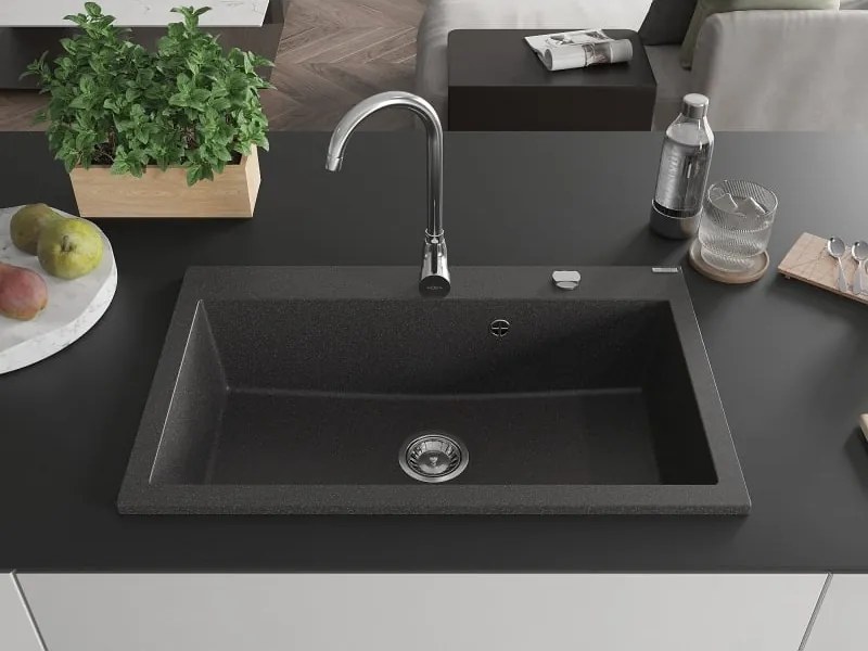 Mexen Elix granieten gootsteen 1-komorige 800 x 500 mm, zwart gespikkeld, sifon chroom - 6527801005-76