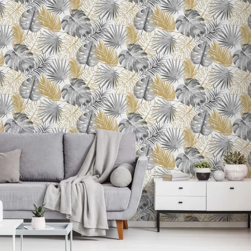 DUTCH WALLCOVERINGS Behang monstera bladeren zwart