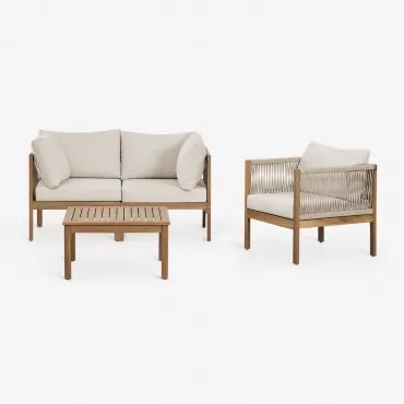 Tuinset Met 2-delige Modulaire Bank Met Armleuningen, Fauteuil En Salontafel Van Acaciahout Branson Wit Gardenia - Bruin Acacia - Sklum