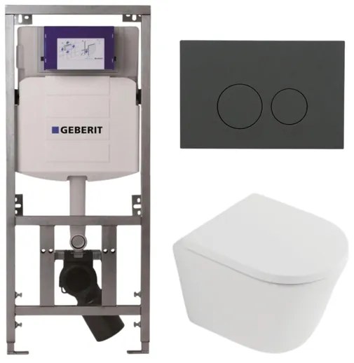 QeramiQ Dely Toiletset - 36.3x51.7cm - diepspoel - rimless - Geberit UP320 inbouwreservoir - softclose toilet zitting 35 mm - bedieningsplaat mat antraciet - ronde knoppen - mat wit SW1026254/SW1000767/0701131/SW1102376